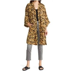 TREASURE & BOND Women's Kimono Duster Open Front One Size Black Bold Floral NWOT